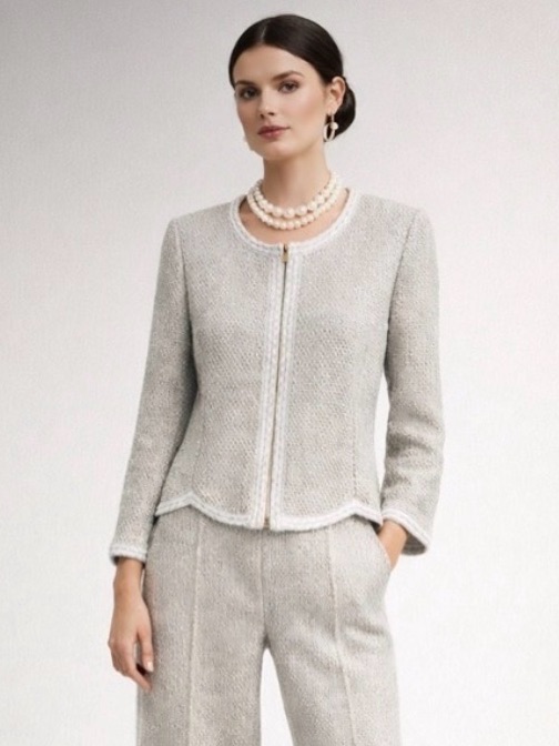St. John Wool Blend Zip Front Lady Jacket In Taupe With Cream Border. Size 8